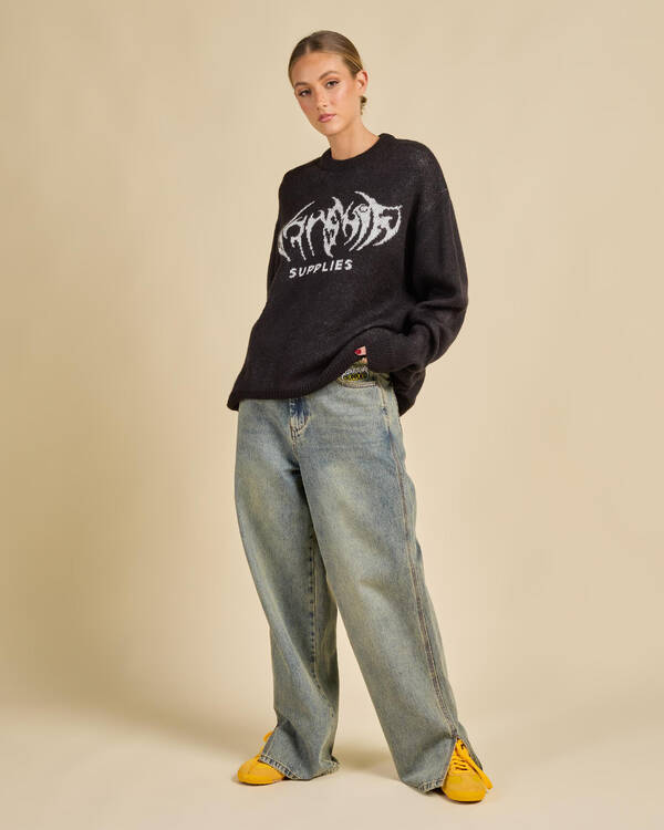 Worship Supplies Diablo Box Fit Crew Neck Knit Sweater for Womens