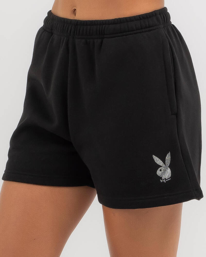 Playboy Bunny Diamante Track Shorts for Womens