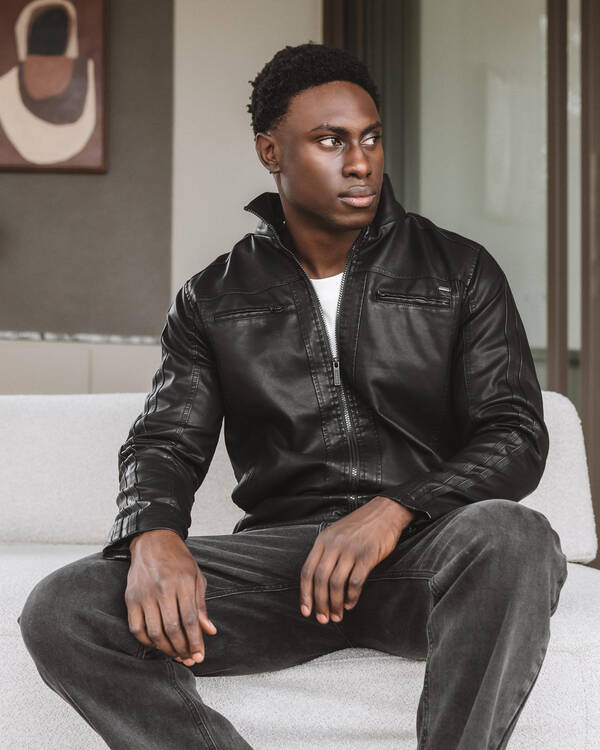 Dexter Scatter Hooded Faux Leather Jacket for Mens