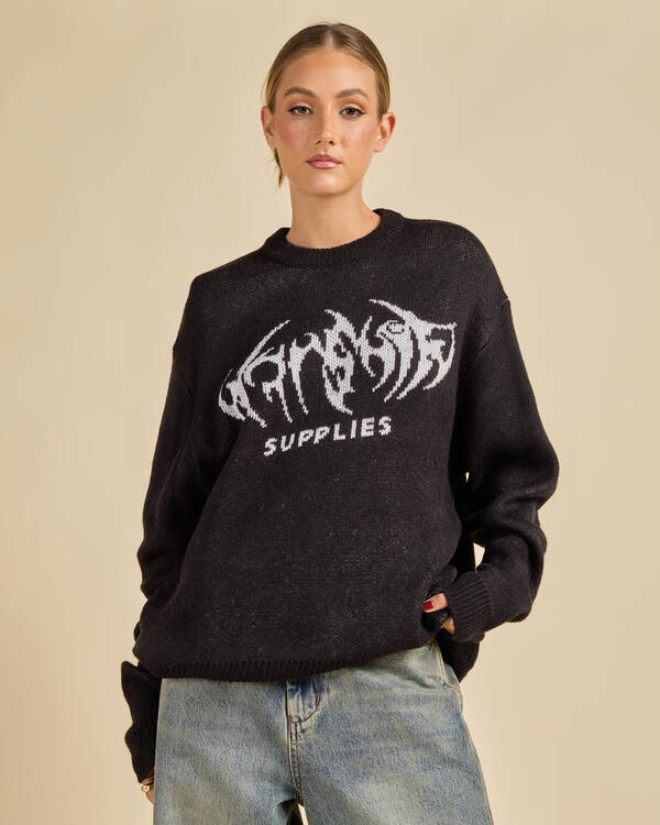 Worship Supplies Diablo Box Fit Crew Neck Knit Sweater for Womens