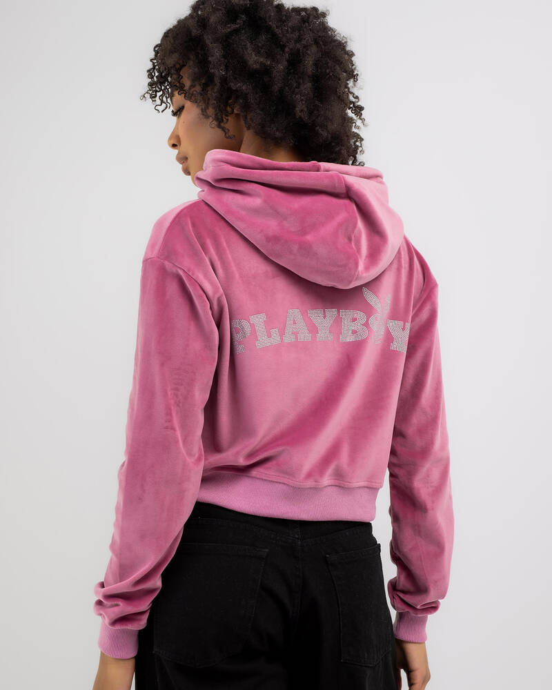 Playboy Bunny O Velour Cropped Hoodie for Womens