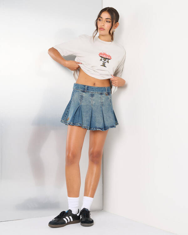 Worship Supplies Fast Lane Pleated Denim Mini Skirt for Womens