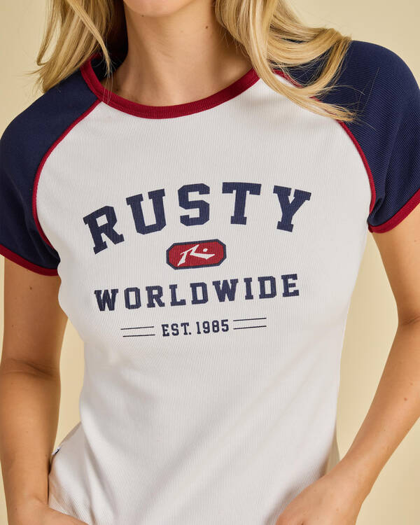 Rusty Mr. Worldwide Raglan Ribbed Skimmer T-Shirt for Womens