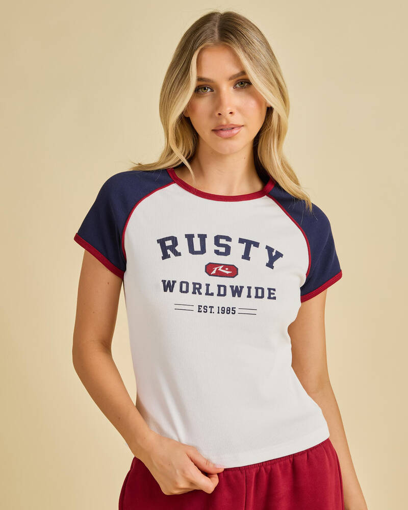 Rusty Mr. Worldwide Raglan Ribbed Skimmer T-Shirt for Womens